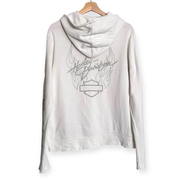 Harley Davidson Tops - Harley Davidson White Spell Out Waffle Knit Henley Pullover Hoodie Women's L